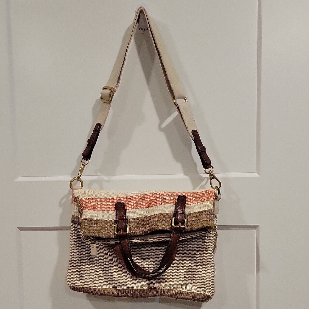 Fossil Tan, Cream & Coral Woven Tote with Brown Leather Trim - Picture 10 of 12